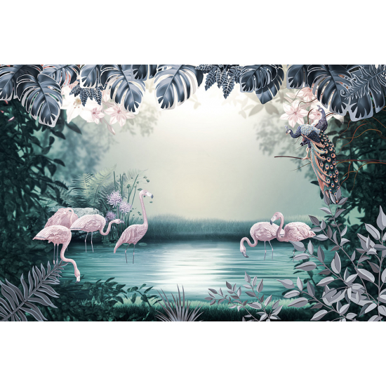 Papier peint panoramique Enfants - Flamant rose Fleurs