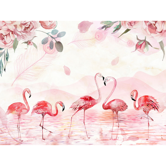 Papier peint panoramique Enfants - Flamants roses Fleurs