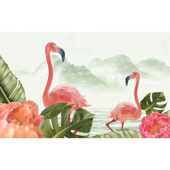Papier peint panoramique - Flamants roses Fleurs