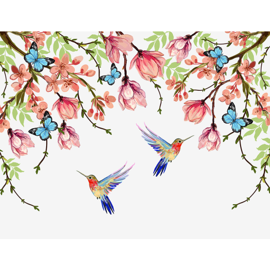 Papier peint panoramique - Fleurs oiseaux