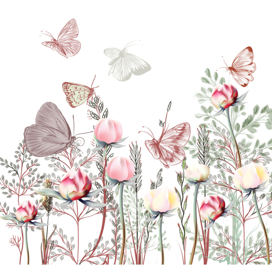Papier peint panoramique - Fleurs Papillons