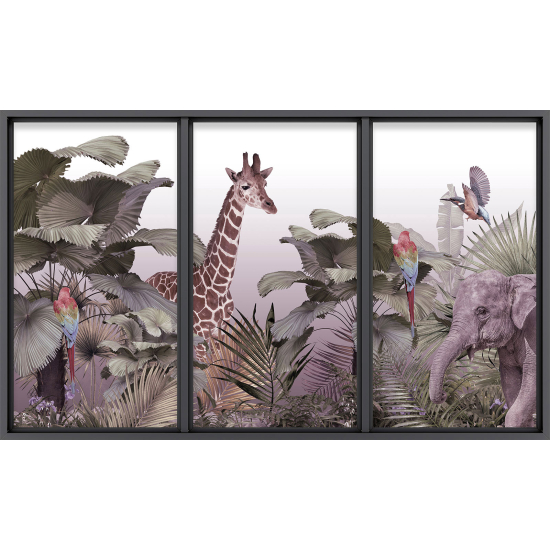 Papier peint panoramique Trompe l'œil baie vitrée - Animaux de la jungle