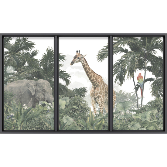 Papier peint panoramique Trompe l'œil baie vitrée - Animaux de la jungle