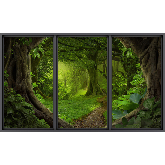 Papier peint panoramique Trompe l'œil baie vitrée - Chemin forêt