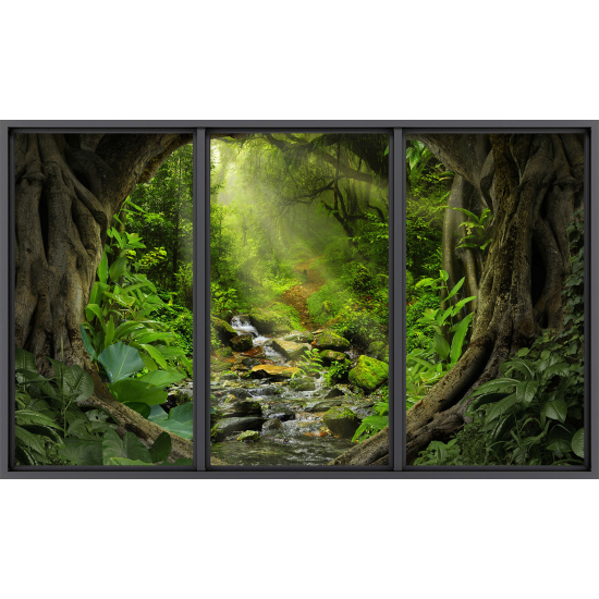 Papier peint panoramique Trompe l'œil baie vitrée - Chemin forêt