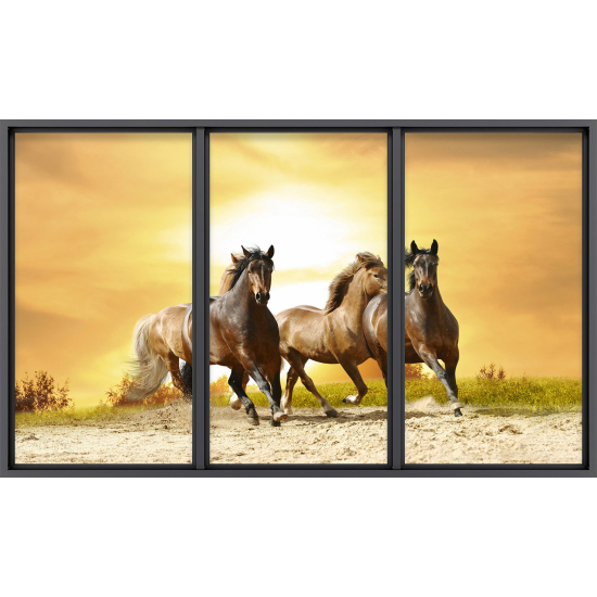 Papier peint panoramique Trompe l'œil baie vitrée - Chevaux