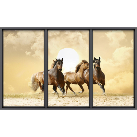 Papier peint panoramique Trompe l'œil baie vitrée - Chevaux