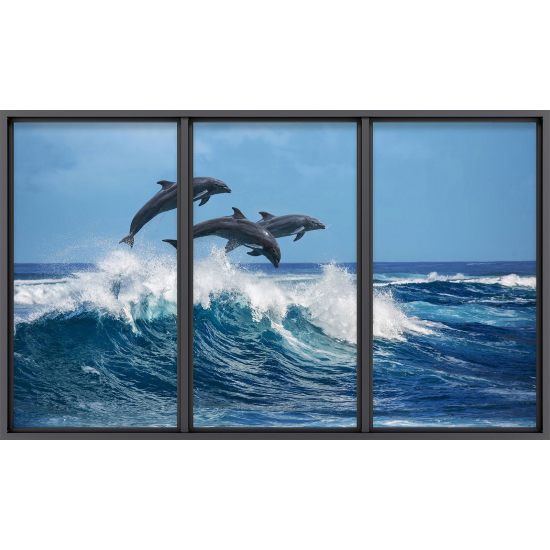Papier peint panoramique Trompe l'œil baie vitrée - Dauphins