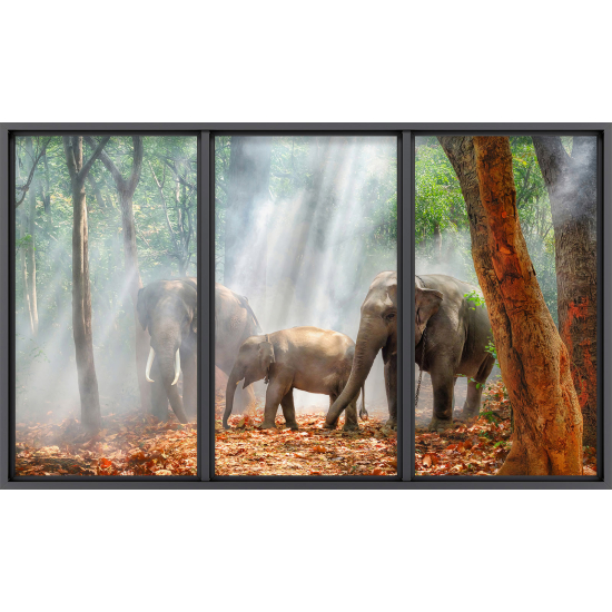 Papier peint panoramique Trompe l'œil baie vitrée - Éléphants