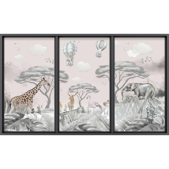 Papier peint panoramique Trompe l'œil baie vitrée - Enfants - Animaux de la jungle