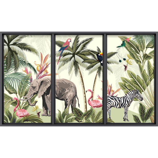 Papier peint panoramique Trompe l'œil baie vitrée - Enfants - Animaux de la jungle