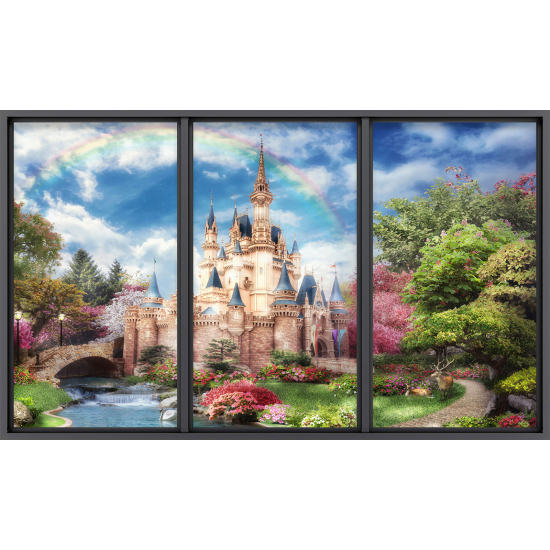 Papier peint panoramique Trompe l'œil baie vitrée Enfants - Château arc-en-ciel