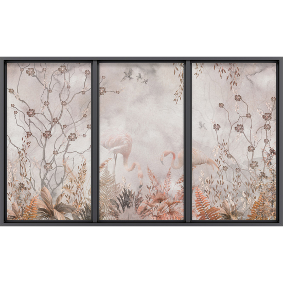Papier peint panoramique Trompe l'œil baie vitrée - Flamants roses