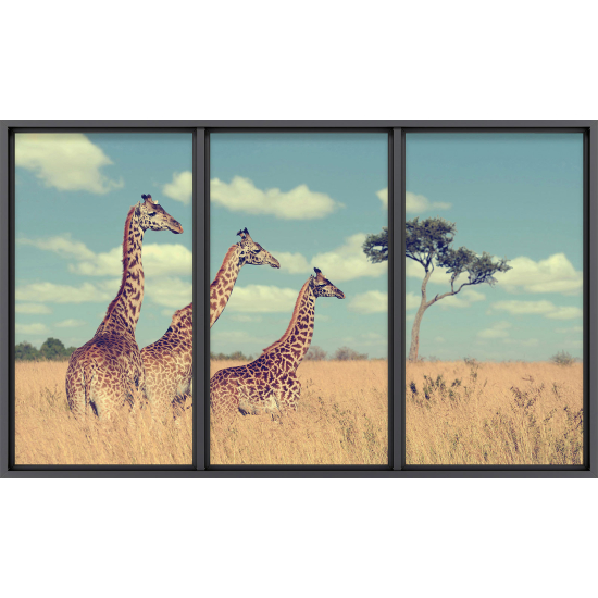 Papier peint panoramique Trompe l'œil baie vitrée - Girafes