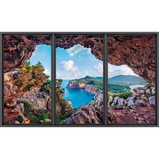Papier peint panoramique Trompe l'œil baie vitrée - Grotte vue mer