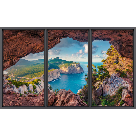 Papier peint panoramique Trompe l'œil baie vitrée - Grotte vue mer