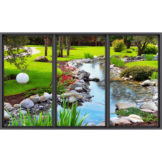 Papier peint panoramique Trompe l'œil baie vitrée - Jardin rivière