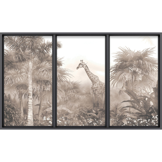 Papier peint panoramique Trompe l'œil baie vitrée - Jungle Girafe