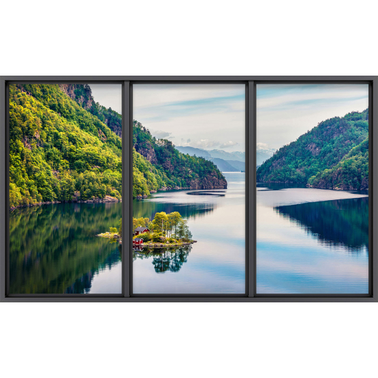 Papier peint panoramique Trompe l'œil baie vitrée - Lac et forêt