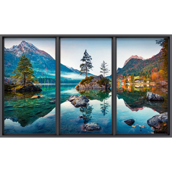 Papier peint panoramique Trompe l'œil baie vitrée - Lac et montagnes