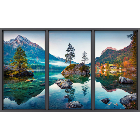 Papier peint panoramique Trompe l'œil baie vitrée - Lac et montagnes