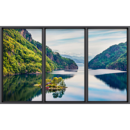 Papier peint panoramique Trompe l'œil baie vitrée - Lac et montagnes