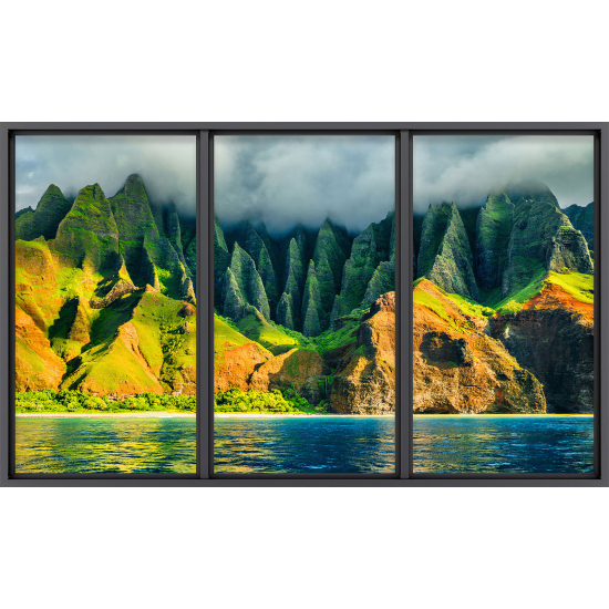 Papier peint panoramique Trompe l'œil baie vitrée - Mer et montagnes
