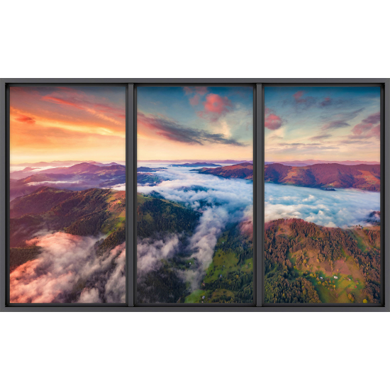 Papier peint panoramique Trompe l'œil baie vitrée - Montagnes nuages