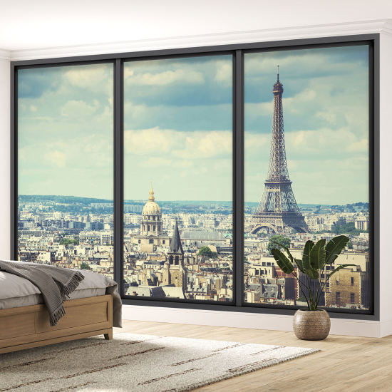Papier peint panoramique Trompe l'œil baie vitrée - Paris tour eiffel