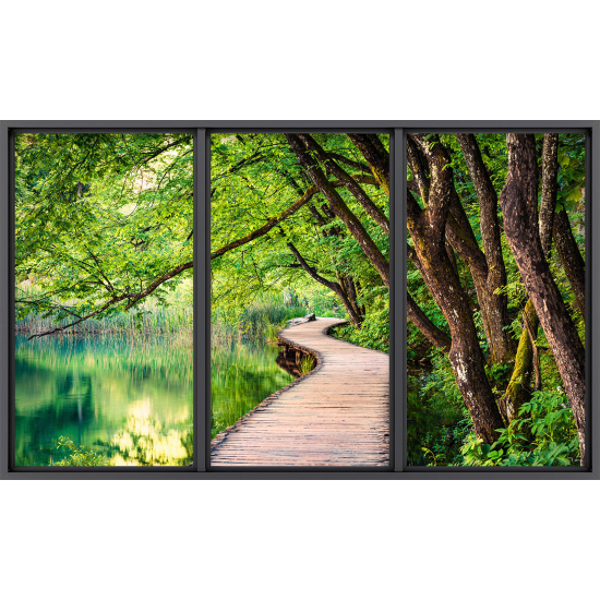 Papier peint panoramique Trompe l'œil baie vitrée - Ponton forêt