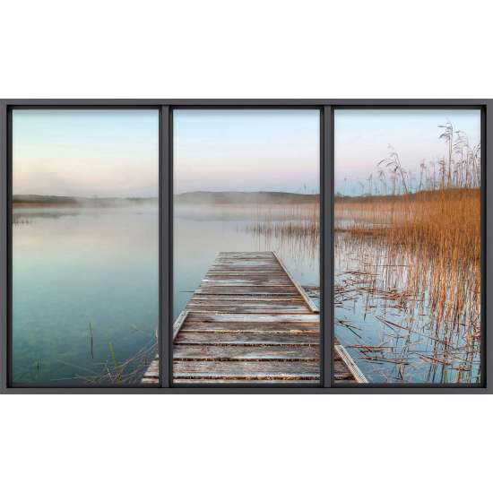 Papier peint panoramique Trompe l'œil baie vitrée - Ponton lac