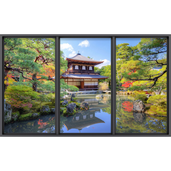 Papier peint panoramique Trompe l'œil baie vitrée - Temple japonais
