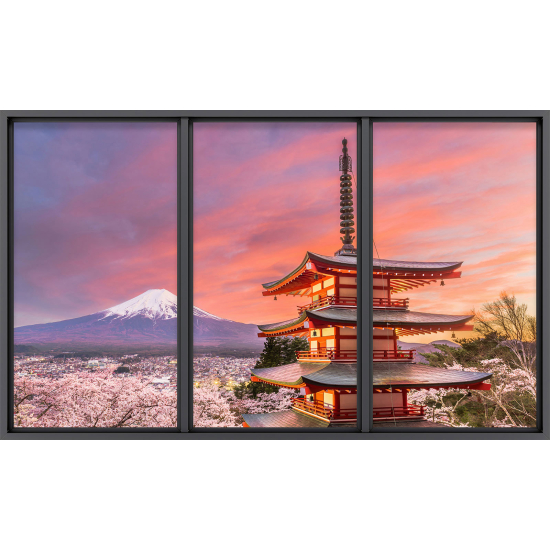 Papier peint panoramique Trompe l'œil baie vitrée - Temple japonais vue mont fujii