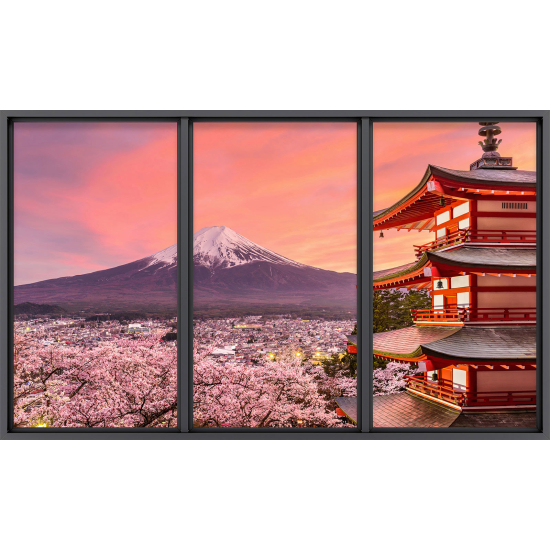 Papier peint panoramique Trompe l'œil baie vitrée - Temple vue mont fuji