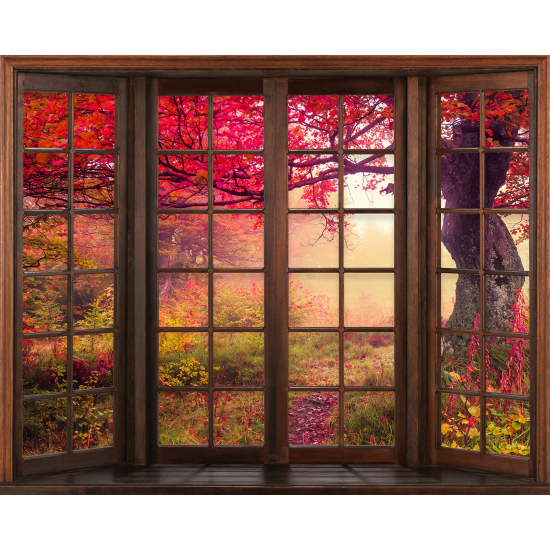 Papier peint panoramique Trompe l'œil Fenêtre en bois - Arbres feuilles rouges