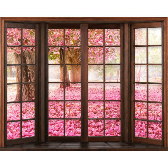 Papier peint panoramique Trompe l'œil Fenêtre en bois - Arbres fleurs roses