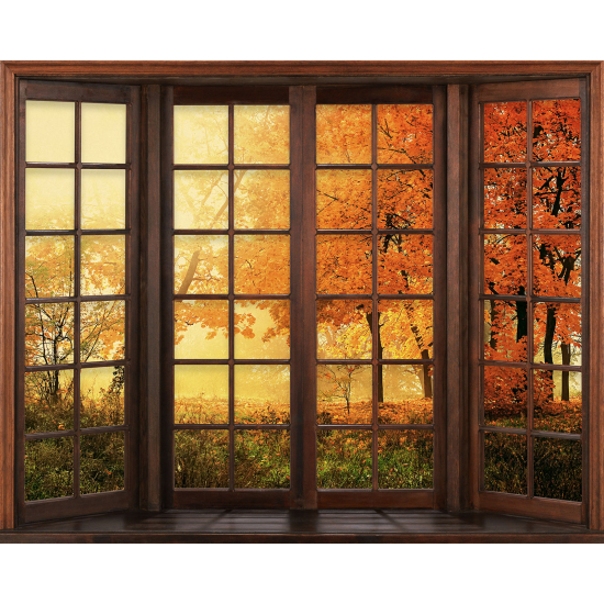 Papier peint panoramique Trompe l'œil Fenêtre en bois - Automne