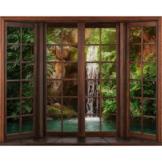 Papier peint panoramique Trompe l'œil Fenêtre en bois - Cascade
