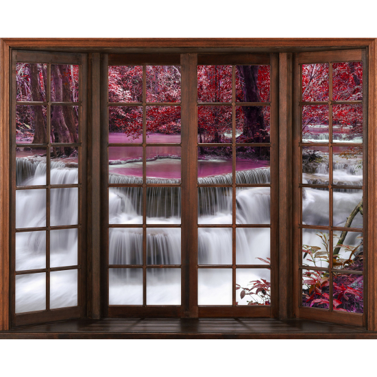 Papier peint panoramique Trompe l'œil Fenêtre en bois - Cascades