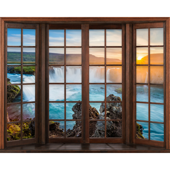 Papier peint panoramique Trompe l'œil Fenêtre en bois - Cascades