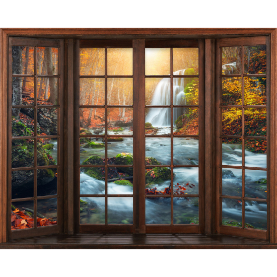 Papier peint panoramique Trompe l'œil Fenêtre en bois - Cascades