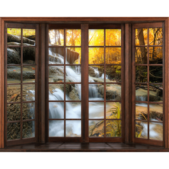 Papier peint panoramique Trompe l'œil Fenêtre en bois - Cascades