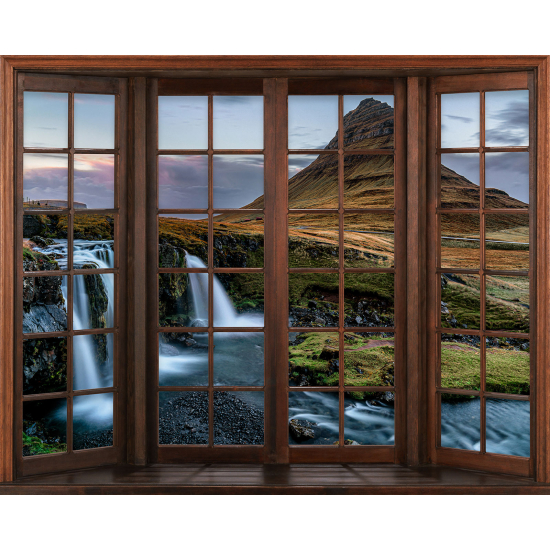Papier peint panoramique Trompe l'œil Fenêtre en bois - Cascades