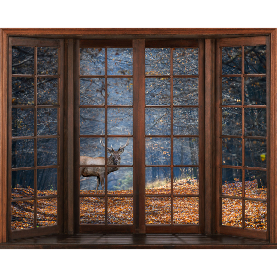 Papier peint panoramique Trompe l'œil Fenêtre en bois - Cerf