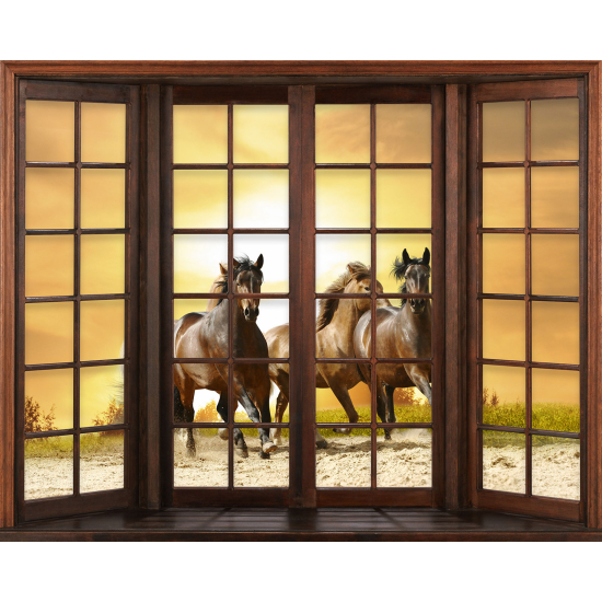 Papier peint panoramique Trompe l'œil Fenêtre en bois - Chevaux