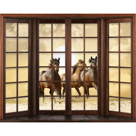Papier peint panoramique Trompe l'œil Fenêtre en bois - Chevaux