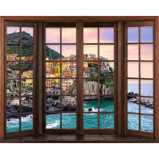 Papier peint panoramique Trompe l'œil Fenêtre en bois - Cinque Terre