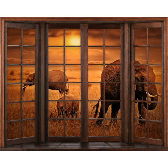 Papier peint panoramique Trompe l'œil Fenêtre en bois - Éléphants