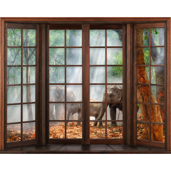Papier peint panoramique Trompe l'œil Fenêtre en bois - Éléphants