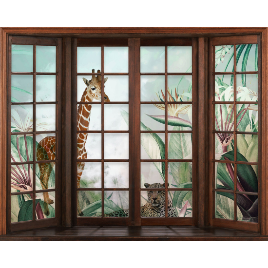 Papier peint panoramique Trompe l'œil Fenêtre en bois Enfants - Animaux de la Jungle